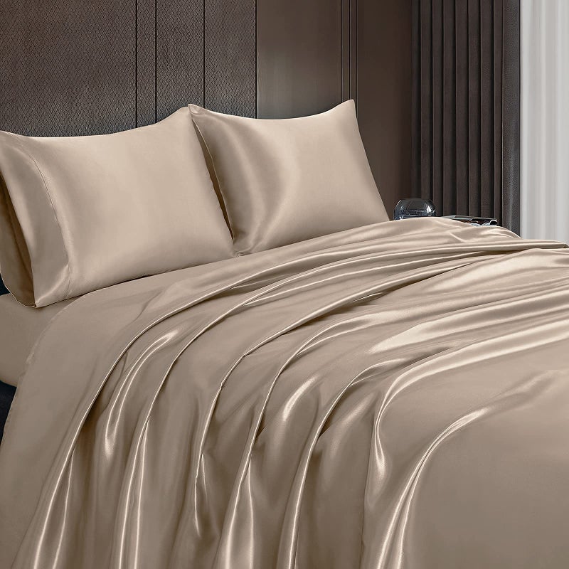 Homiest 4pcs Satin Sheets Set Luxury Silky Satin Bedding Set with Deep Pocket  1 Fitted Sheet + 1 Flat Sheet + 2 Pillowcases (King Size  Taupe) - Image 4